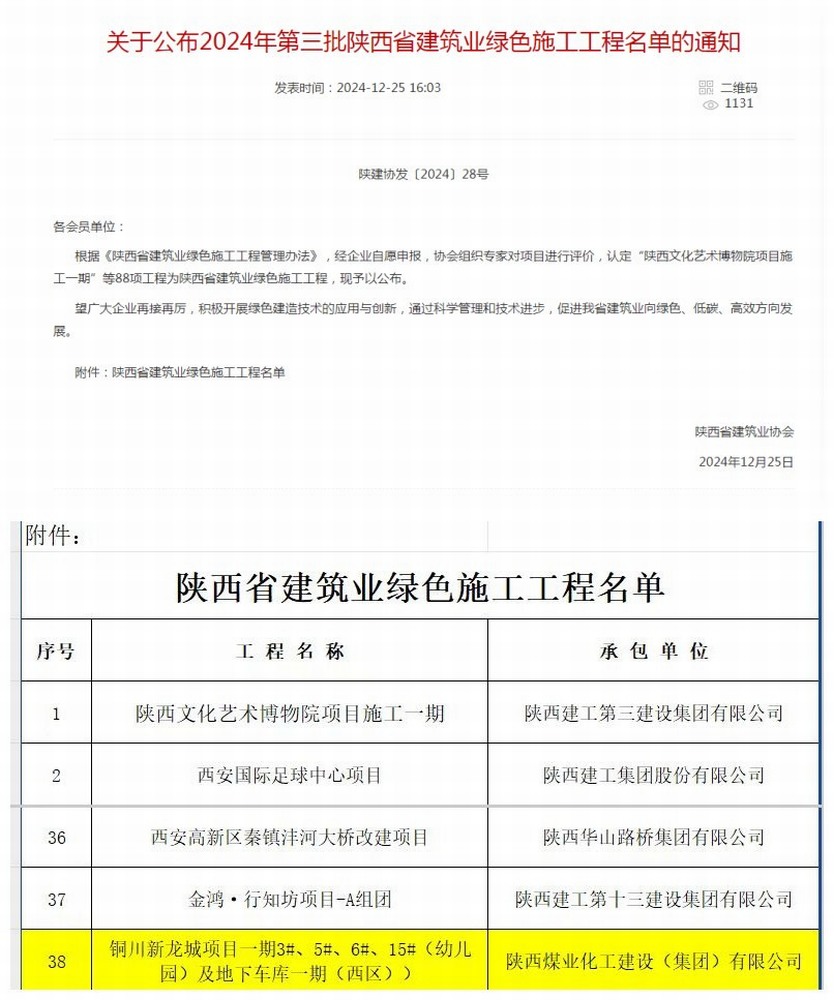 銅川新龍城項(xiàng)目一期幼兒園及地下車庫一期（西區(qū)）工程喜獲陜西省建筑業(yè)“綠色施工工程”榮譽(yù)稱號